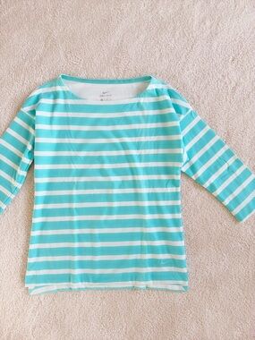 NEW! Nike Aqua Blue White Striped Border Boatneck Dri-FIT Tee sz XS 3/4 Sleeve